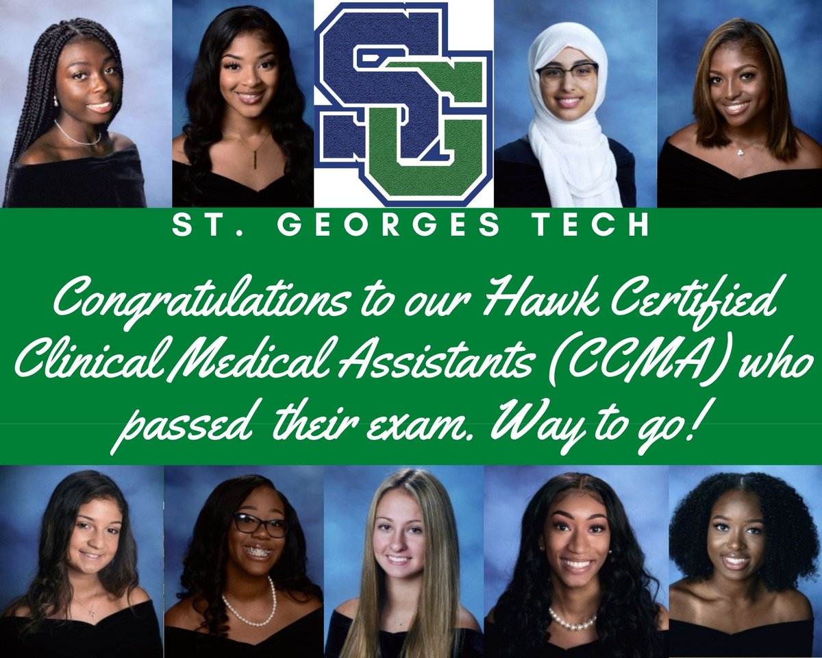 St_GeorgesTHS's tweet photo. Congratulations to our #SGSeniors2021 from #MedicalAssisting who all passed their Certified Clinical Medical Assistant Exam! Way to go! @SGHawksMA @chadedaddy @shanta_reynolds #NCCVTWorks #JobReadyDayOne https://t.co/uoNzsuv3Ef