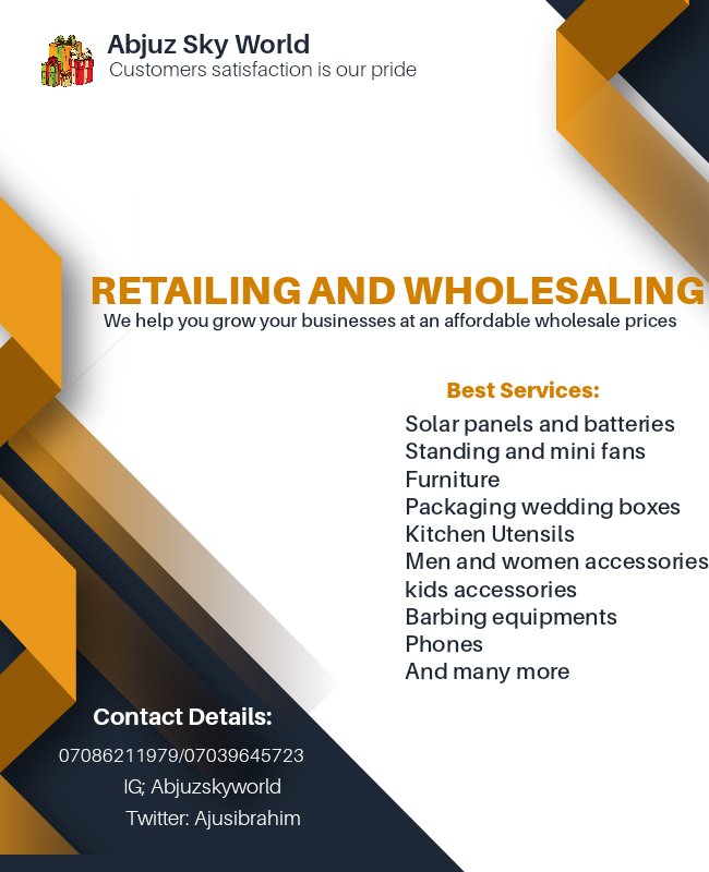 For your wholesaling and retailing Abjuz sky world @AjusIbraheem help you grow your business at an affordable wholesale price. You're just a DM away.