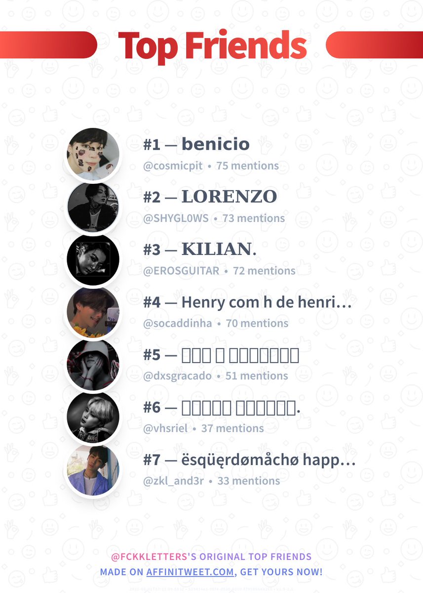 FCKKLETTERS's tweet photo. ✨ Top Friends

🥇 cosmicpit
🥈 SHYGL0WS
🥉 EROSGUITAR
🏅 socaddinha
🏅 dxsgracado
🏅 vhsriel
🏅 zkl_and3r

➡️ https://t.co/lqHEHVwozr https://t.co/1LfPE1CLwc