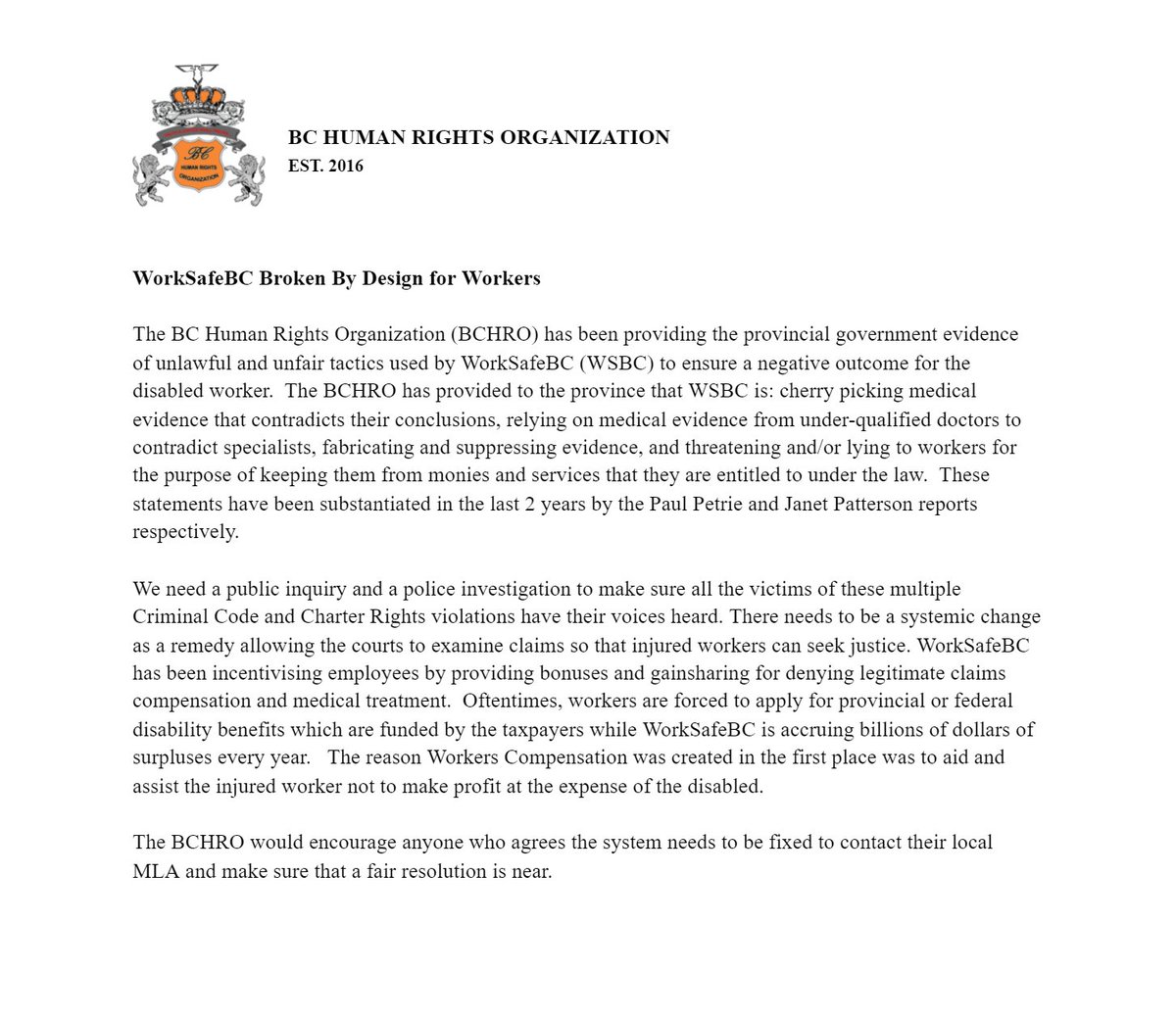 BC_HumanRights's tweet photo. Hundreds of people across Canada have experienced a similar situation. Read our press release about this #humanrights abuse below.

@jjhorgan
@harrybainssn 
@cqualtro
@justintrudeau
@petermilobar
@garrybeggbc
@brucebanman

It is time for a #WorkersCompensationInquiry.

(2/3) https://t.co/T7u21BYxXC