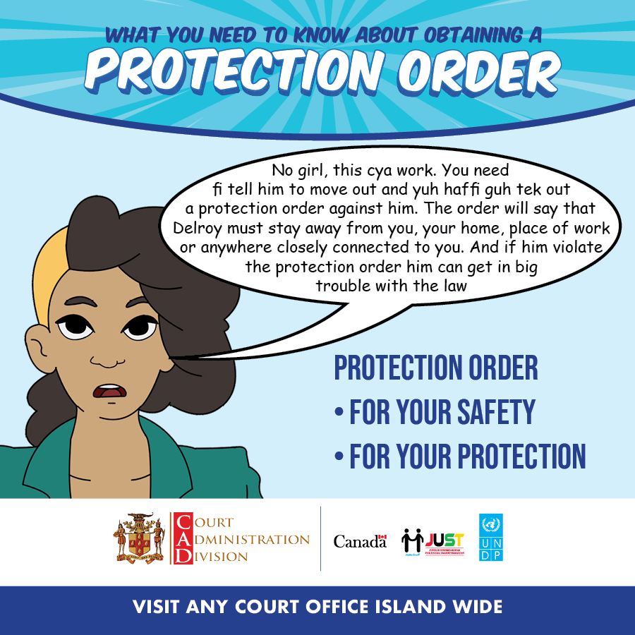 jamjudiciary's tweet photo. Obtain a protection order (restraining order) if your life is being threatened by a partner. Contact the Court Administration Division for further information at 876-754-8337.
#UNDP #CAD #JUST #ProtectionOrder #SafetyandProtection 
#Jamaica #KnowYuhRights https://t.co/TMqpG9l61c