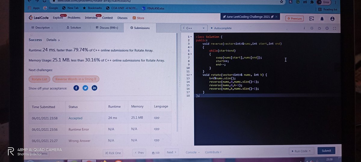 prakharkavya's tweet photo. 14/100
Rotate an array by k times
@100DaysOf2020 
#scaler100DoC 
#scalerLearning 
#100DaysOfCode https://t.co/dlDJB0fB3n