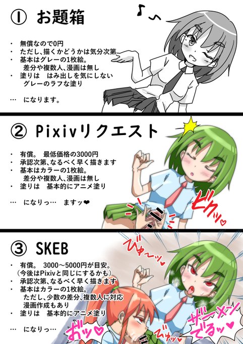 【R-18】【ふたなり】イラスト・漫画のご依頼をお題箱・Pixivスケッチ・SKEBにて募集しています。それぞれの違いはこのイラストで描かれている通りです。よろしくお願いいたします!

#ふたなり #futanari #dickgirl #R18 #エロ絵 
