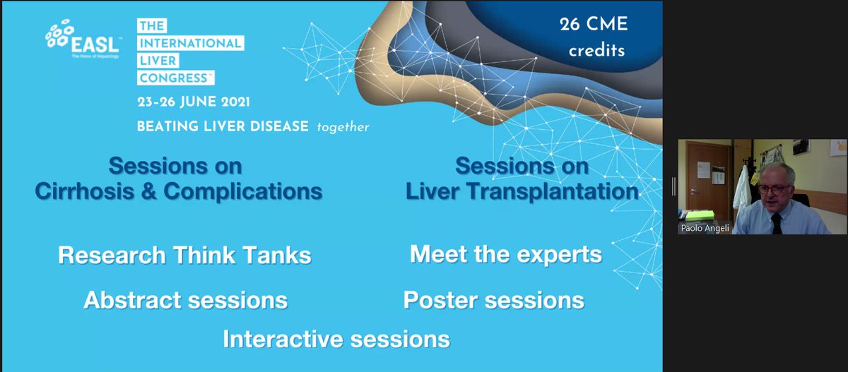 EASLnews's tweet photo. Prof. Paolo Angeli ending the #EASLwebinar with an invitation for more learning on #cirrhosis and #liver #transplantation at #ILC2021. See you all there, from 23 to 26 June!
@EASLedu @JHepatology https://t.co/ggnzznCH7P
