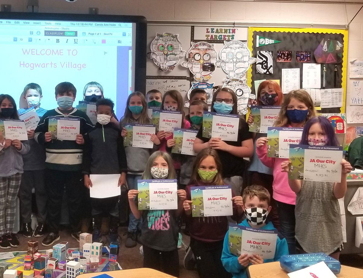 Ms. Holm's third grade class completed their Junior Achievement work last week and created a city named Hogwarts City. Here they proudly display their certificates.
#MHESmagic