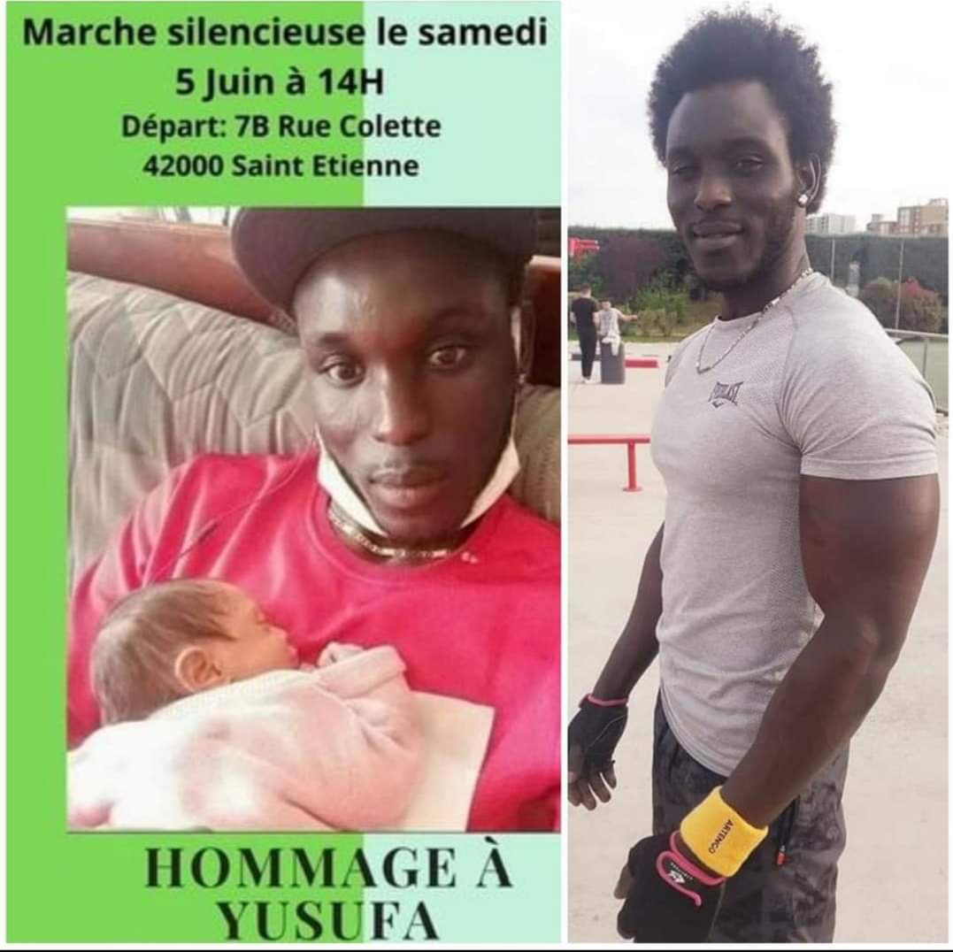 JusticePourYoussoupha 

Relayons sans modération l'événement sz la Marche silencieuse rendu en hommage de Youssoupha qui se déroulera ce samedi 5 juin à 14h - 7 rue Colette 42000 Saint Étienne, après que ce dernier ait été lâchement assassiné par un groupe d'hommes racistes.