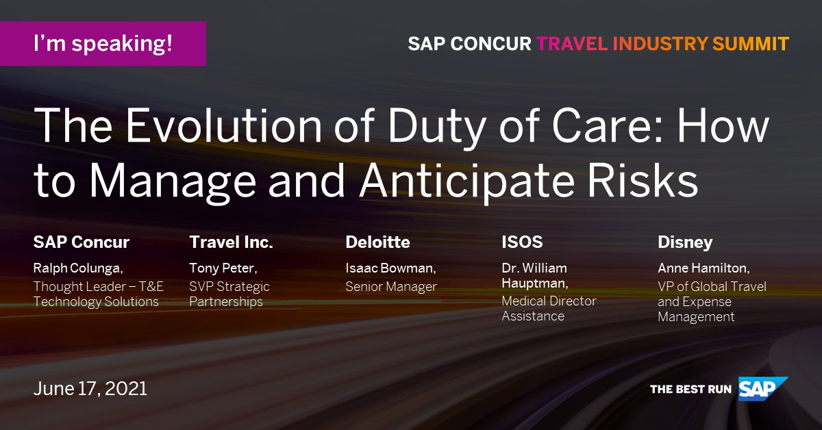 isaacbowman's tweet photo. I’ll be speaking at the #TravelIndustrySummit this year! Join me virtually on June 17 to discuss the evolution of duty of care. Check out the event agenda and register here: https://t.co/Gjnj2EaDHI https://t.co/AXgwhDa0FA