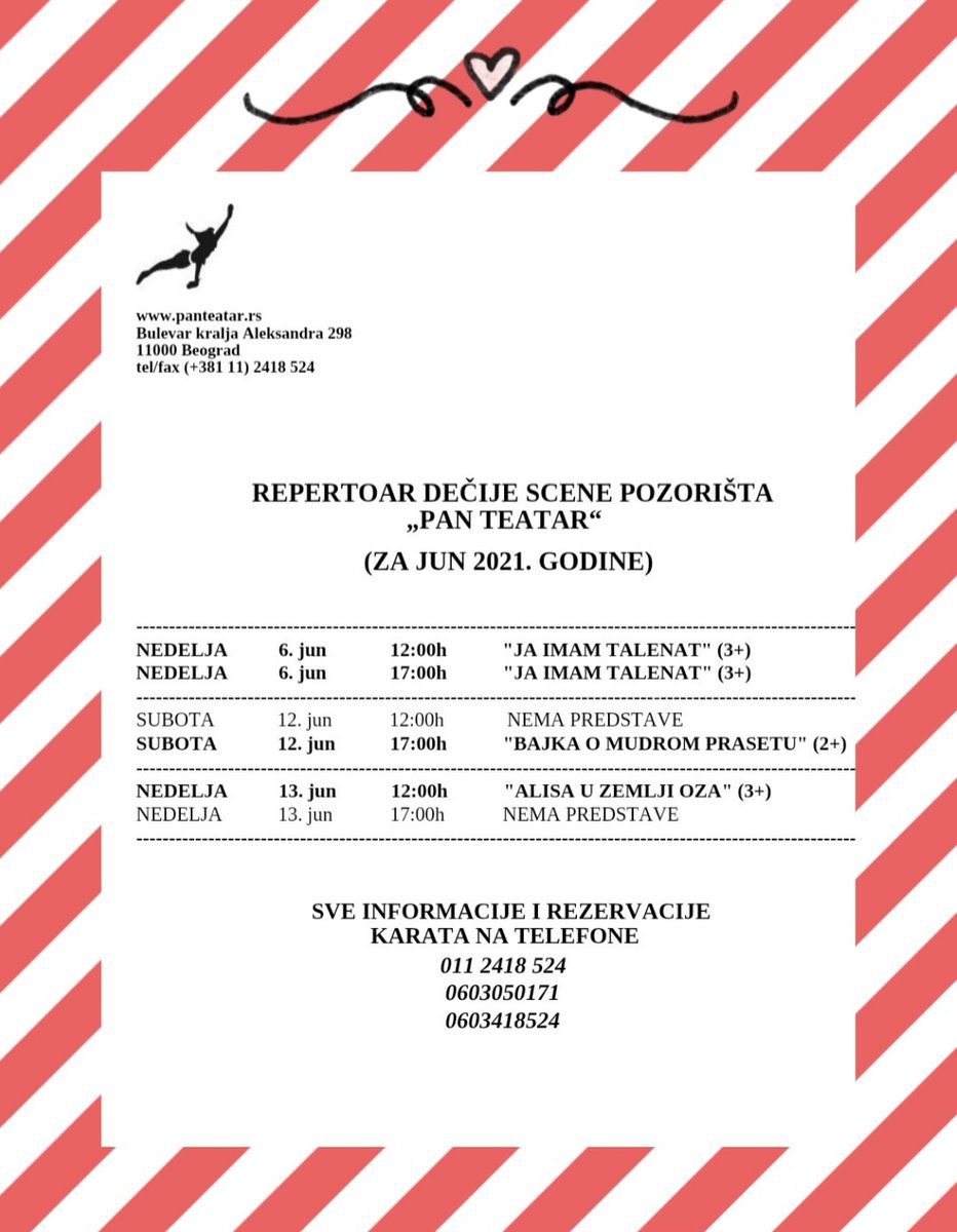 PTeatar's tweet photo. Repertoar u junu!
Informacije i rezervacije na broj:
011/2418-524
060/3050-171

#pozoristepanteatar #kultura #pozoriste #pozoristezadecu #decijepozoriste #predstavazadecu #predstava #repertoar #beogradzadecu #gdezavikend #upozoriste #upanteatar #deca #decasuukrassveta #srbija https://t.co/3uLikZ7u8b
