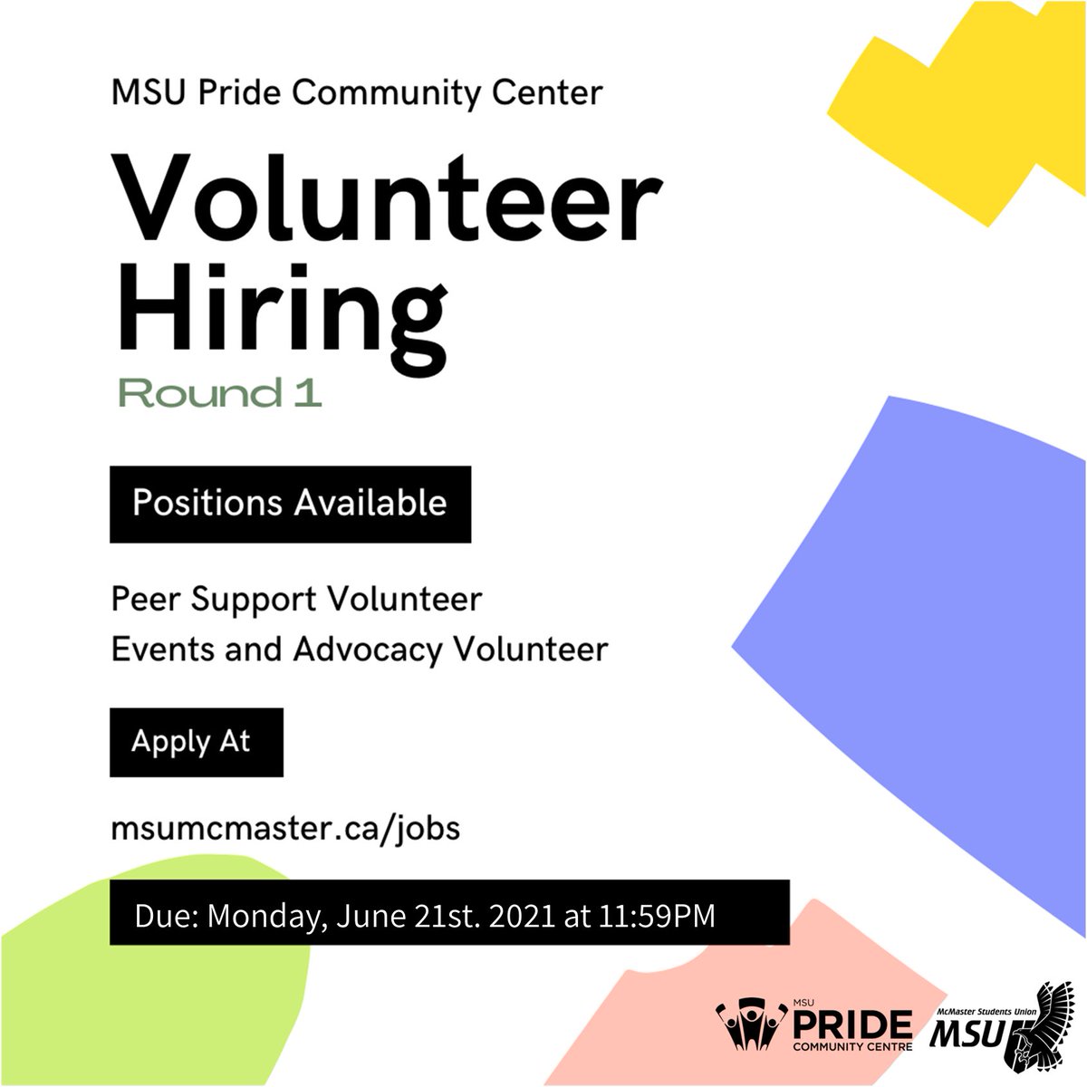 ☀️ Hey folks! ☀️ 

The Pride Community Center is hiring for our two general volunteer positions, Peer Support Volunteer and Events and Advocacy Volunteer!
