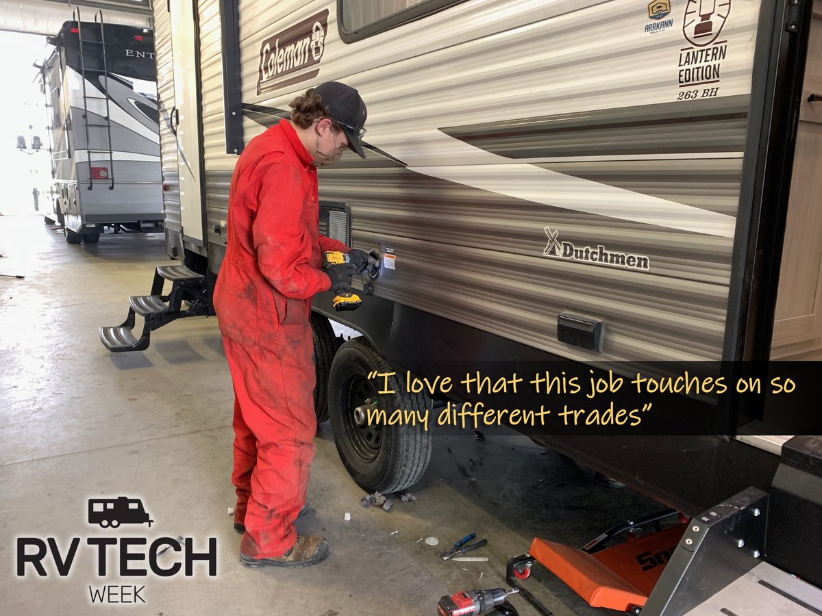 ArrKannRV's tweet photo. June 1-8 is RV Tech Week! We certainly appreciate our techs here and all that they do, every single day. Did you know that an RV Service Technician will actually learn over 14 trades in this 3 year program?! Now THAT's a lot of skills!! @RVCareers #RVTechWeek #RVCareers #RVTechs https://t.co/PhYI4FFZzd