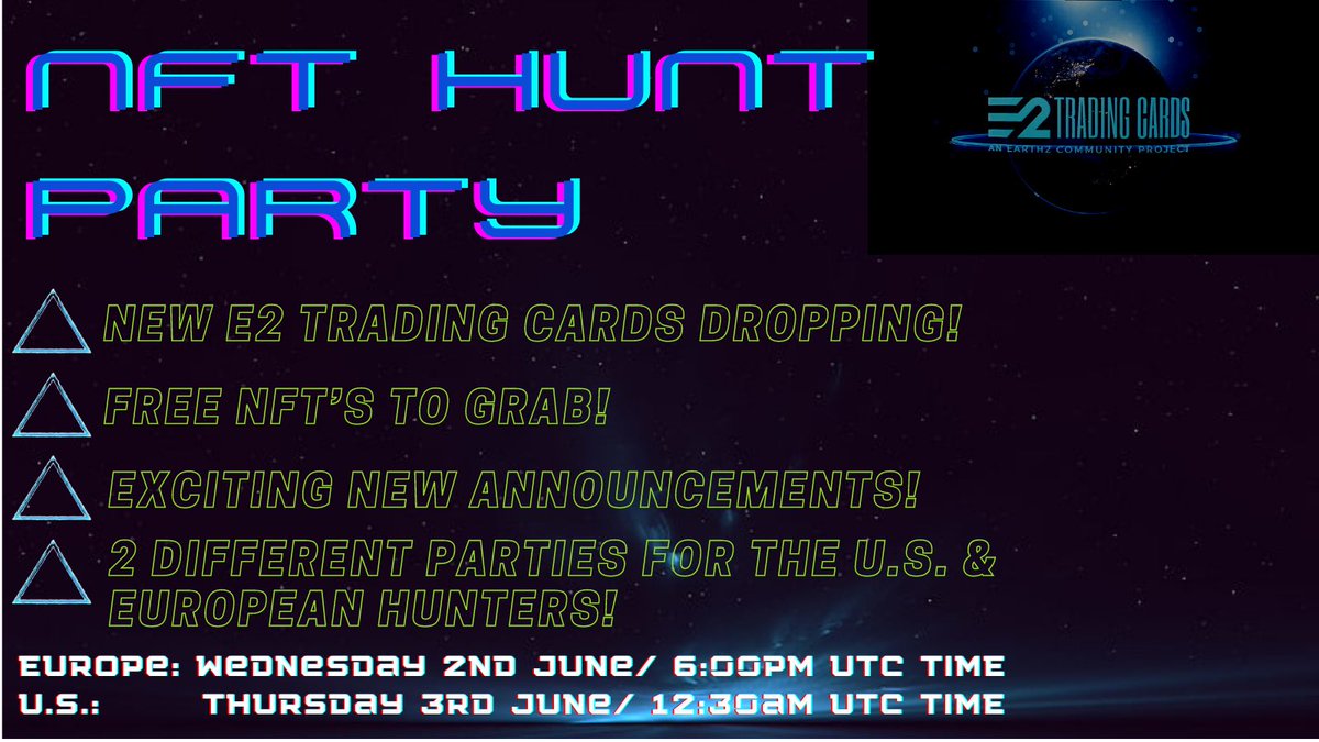 E2TradingCards's tweet photo. NFT HUNT PARTY‼️
https://t.co/JkVPPhWdUn
#nft #nfts #freenft #nftart #nfthunt #party #eastereggs #announcement #blockchain #TradingCards #nfttradingcard #pokemon #atomichub #wax #waxcrypto #cryptocurrency #orginal #limitededtition #earth2 #earth2io https://t.co/9PlAWNLkPo