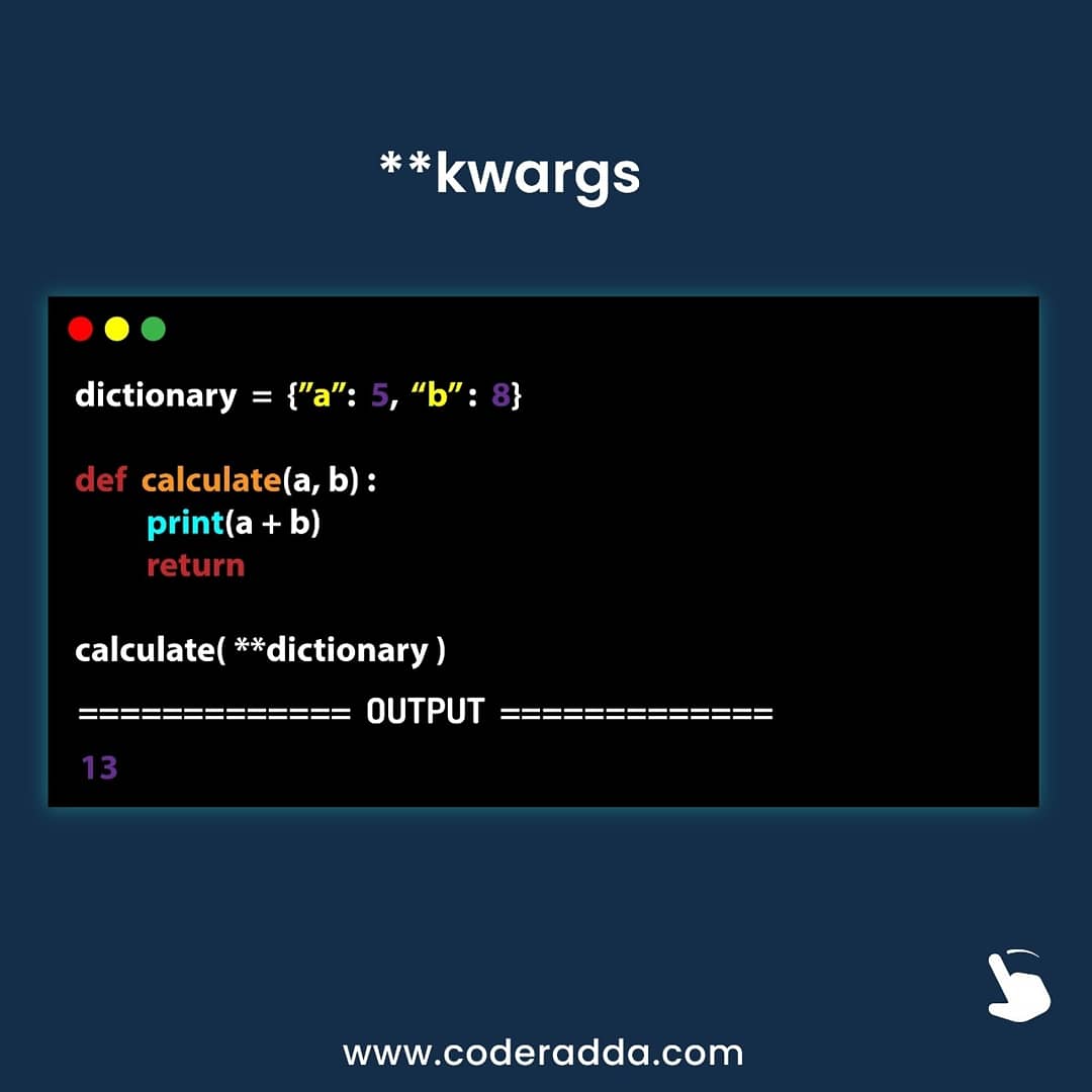 coderadda's tweet photo. #kwargs #Python #100DaysOfCode #coderadda #pythonlearning https://t.co/BHW3589I0L