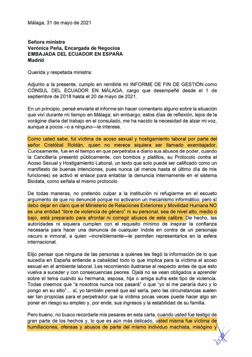 MinutoPichincha's tweet image. 🔴 #ÚltimaHora | Excónsul de Ecuador en #Málaga denunció que fue víctima de acoso sexual y hostigamiento laboral por parte Cristóbal Roldán, exembajador de Ecuador. “Cuando perpetraba sus abusos de poder, Cancillería presentó Protocolo contra Acoso Sexual y Hostigamiento Laboral”