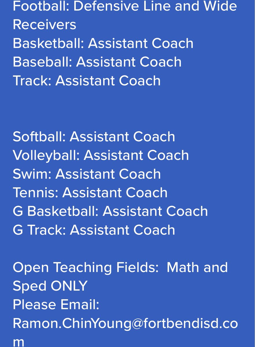 Willowridge HS is looking for the following coaches: <a href="/Willowridge_HS/">Willowridge HS</a> <a href="/FBISDAthletics/">Fort Bend ISD Athletics</a>