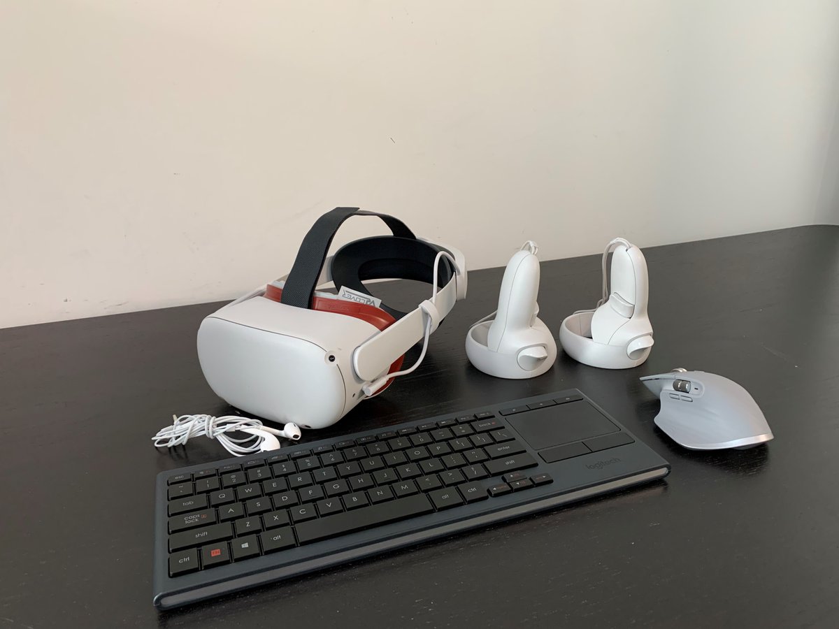TheJinXR's tweet photo. It's #workinvr week for me. Todays setup:
@oculus Quest 2 Headset w/ Deluxe Battery strap
@Logitech K830 & MX Master 3 Keyboard (both paired to headset)
Apples earpods (for when I'm in meetings or jamming to @Spotify )
Using @vSpatialVR to remote connect to my @Alienware laptop https://t.co/5egljTRgoQ