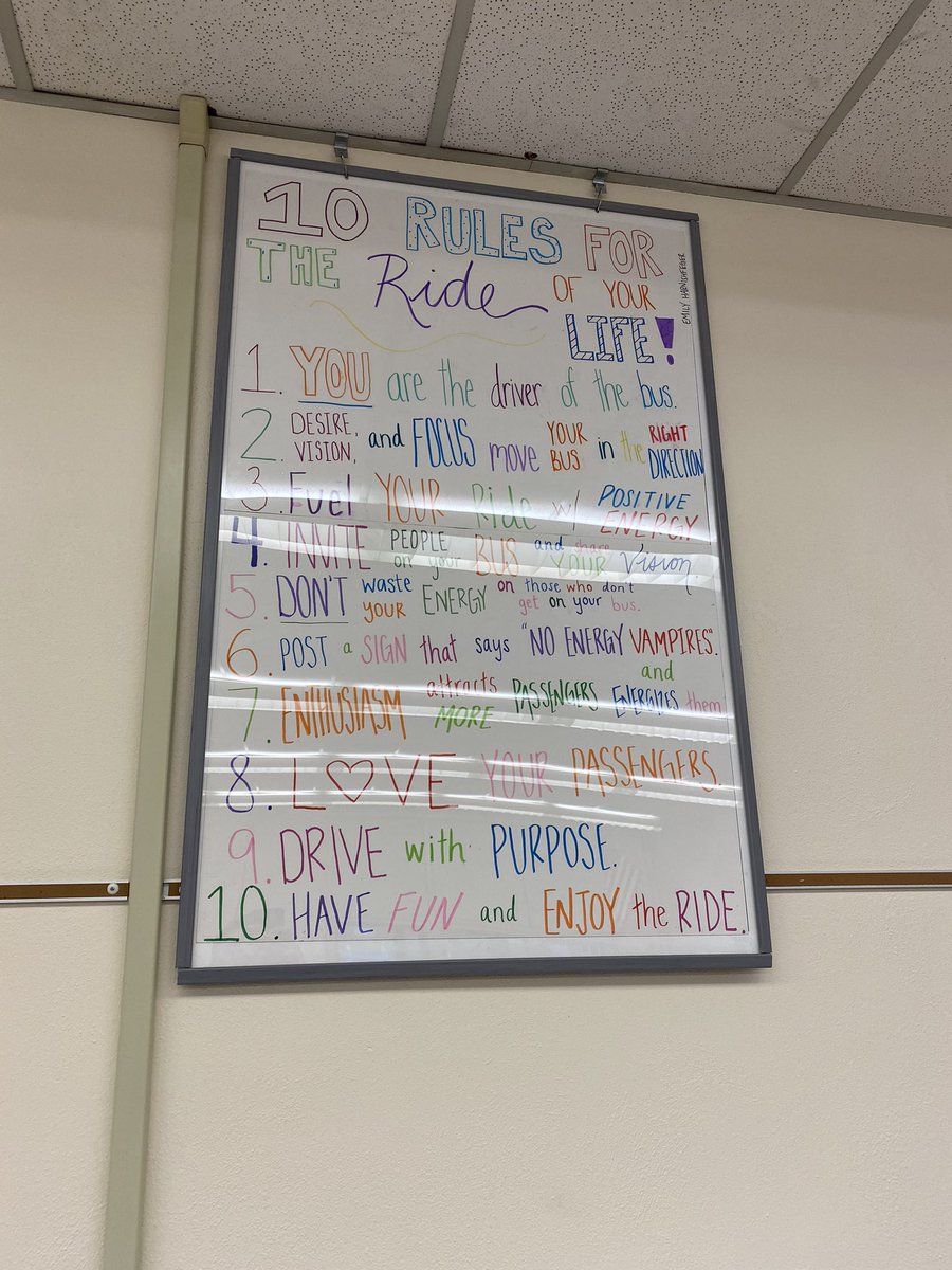 Jomez26's tweet photo. Big thank you to one of our recent graduates, @pawprint_em, for creating this poster for my classroom. The Energy Bus by @JonGordon11 is one of the most inspiring books I’ve read!  Thank you Emily!!  #TheEnergyBus #10Rules https://t.co/F3oDIv1U3j