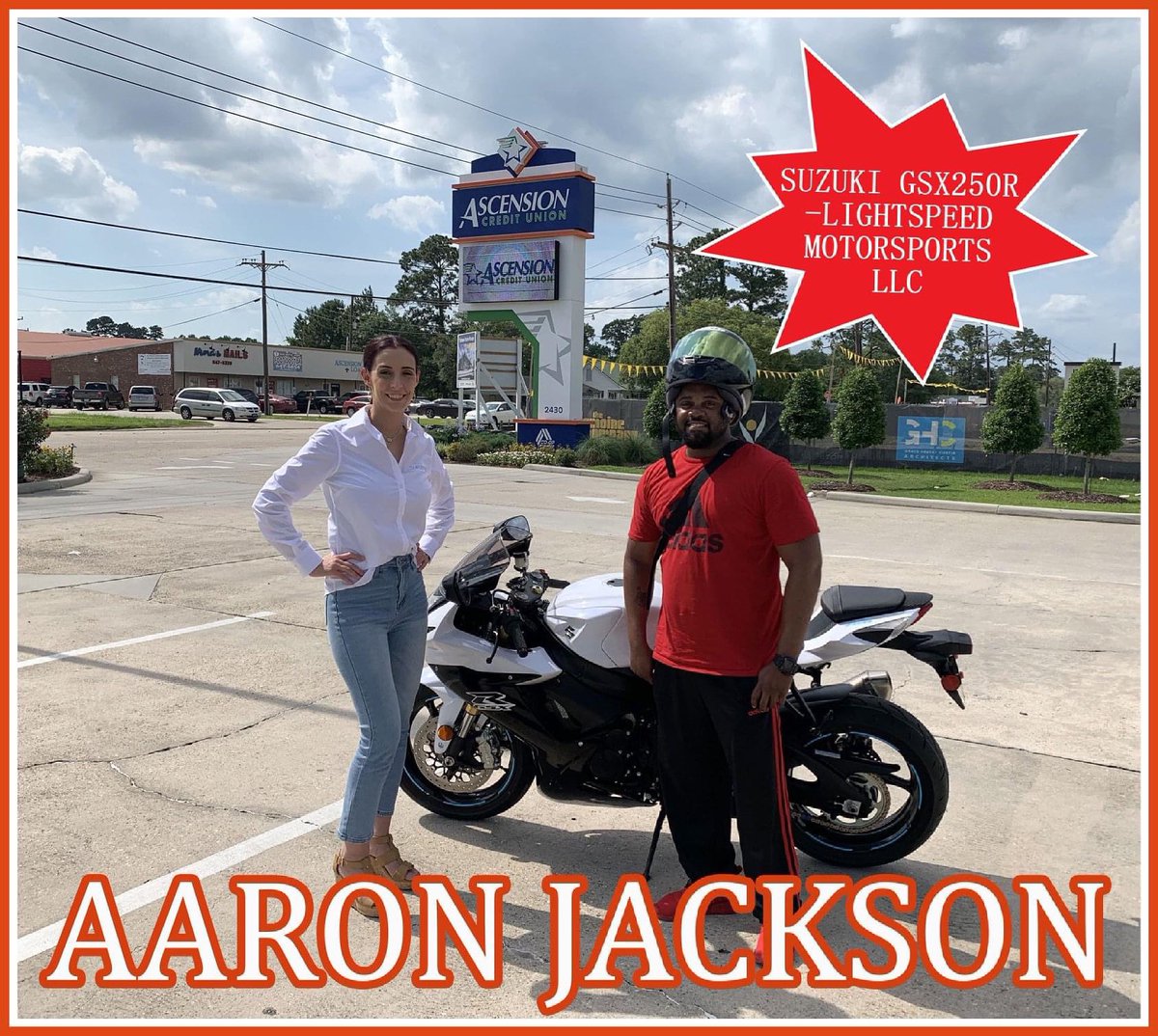 Ascension_CU's tweet photo. Ascension CU lender, 💰Brandi Noto💰, helped member,  ⭐Aaron Jackson ⭐, purchase his Suzuki GSX250R from Lightspeed Motorsports LLC‼
Looking for a deal right in time for summer? We can help at Ascension CU! 🤩
https://t.co/Jy1oPfBz1c | 225.621.2800 | #BankingOnlyBetter #Suzuki https://t.co/gIiUehOhEI