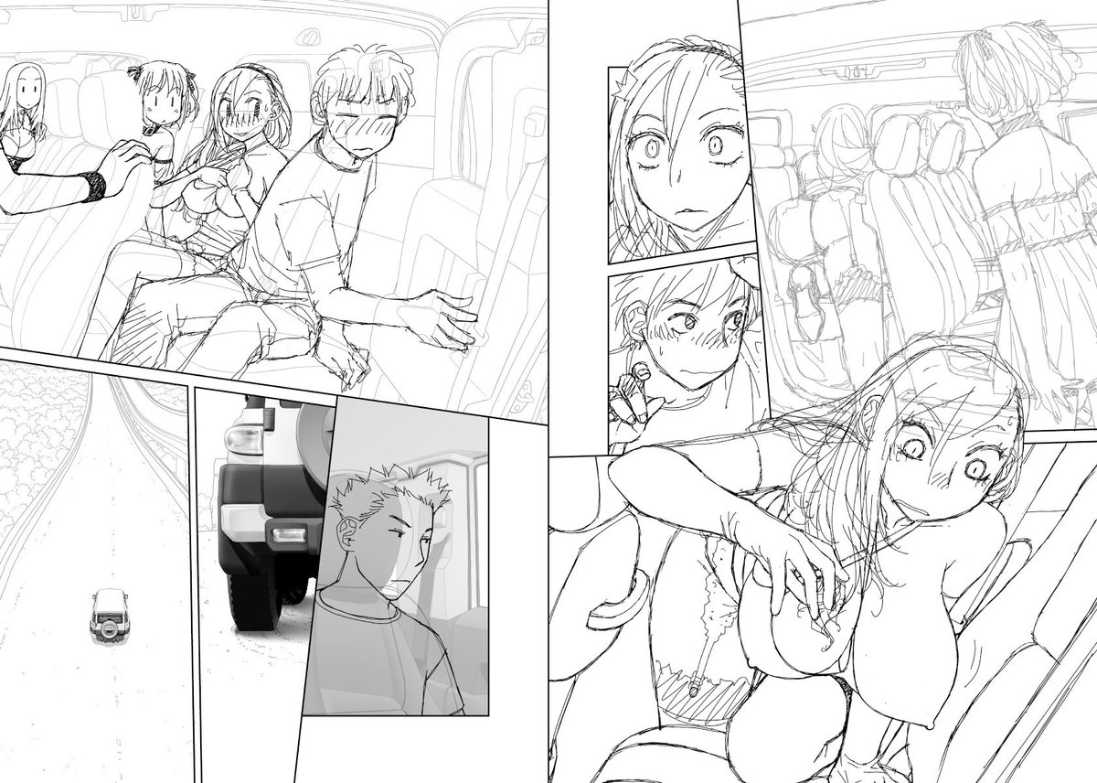 見開き単位で作業してた連載の下描き
台詞フキダシ擬音無しバージョン55↓

ラッキーなんとかってヤツです😅 