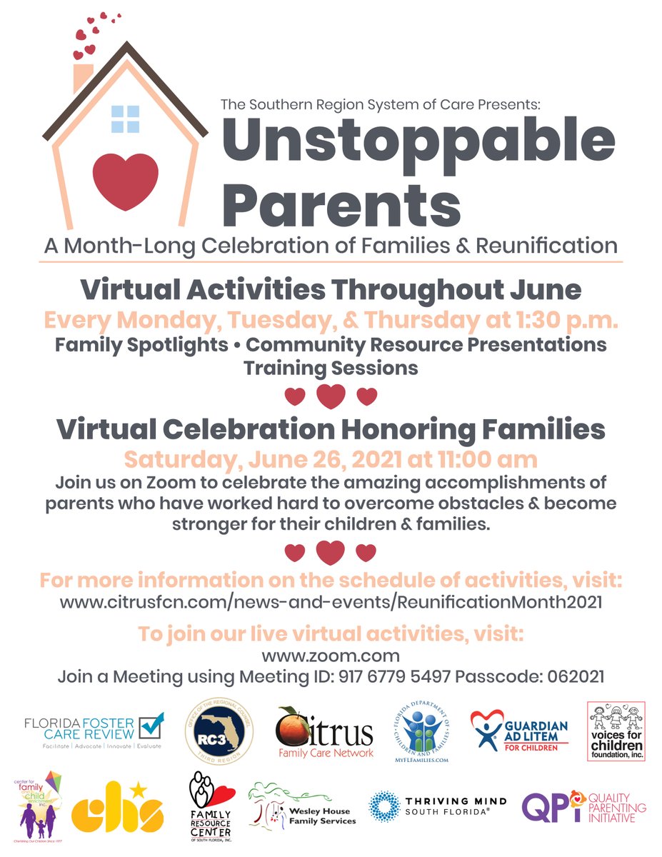 June is #ReunificationMonth. We're hosting a month-long virtual celebration of families &amp; reunification including Family Spotlights, Community Resource Presentations, &amp; Training Sessions to recognize #UnstoppableParents. For more info, visit: citrusfcn.com/news.../reunif…