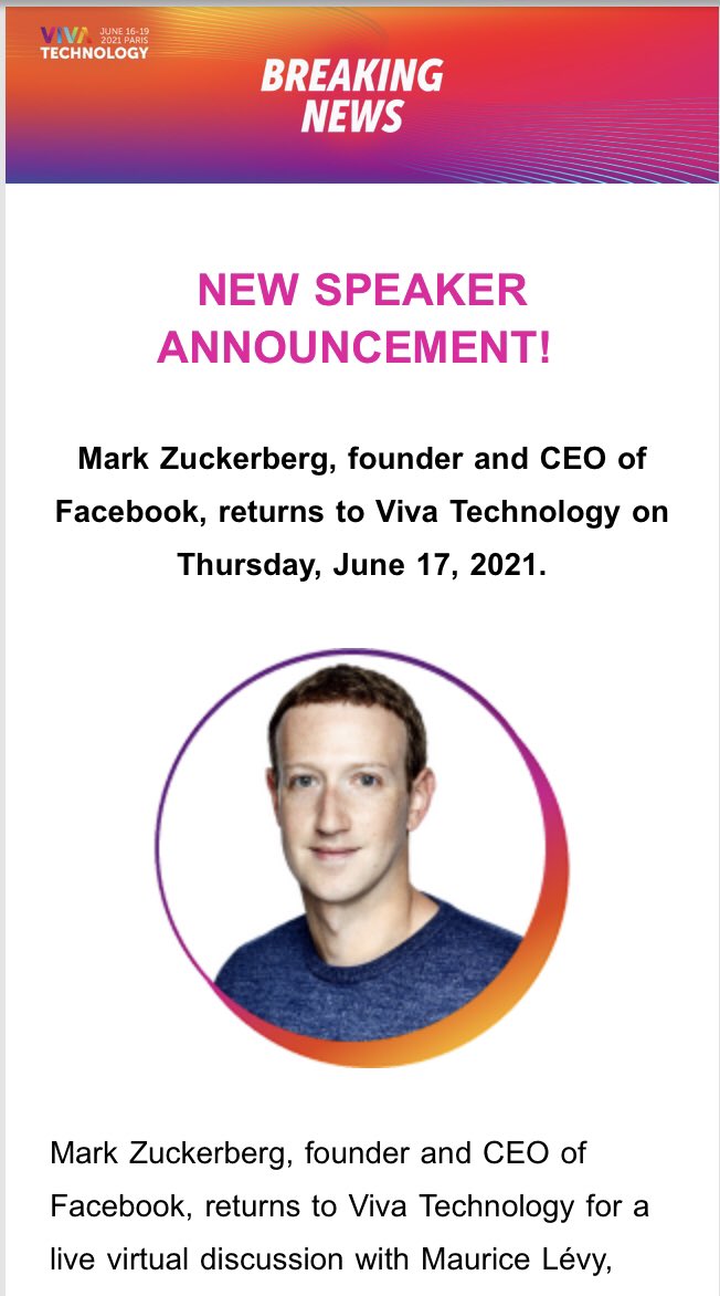 labordeolivier's tweet image. #BreakingNews
Mark Zuckerberg CEO of #Facebook, returns to #VivaTechnology on Thursday, June 17, 2021!

@sebbourguignon @tewoz @kalydeoo @AshokNellikar @Shi4Tech @CurieuxExplorer @NevilleGaunt @JeroenBartelse @Fabriziobustama
@FrRonconi @PawlowskiMario @AlbertoEMachado @3itcom
