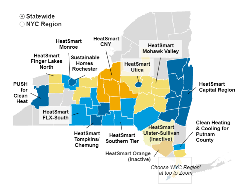 NYSERDA's tweet image. Connect with your local area’s #CleanHeating &amp;amp; Cooling campaign! Get the information you need to: 
⚡️ Understand the benefits of #CleanEnergy
🛠️ Select an installer competitively
💸 Learn what incentives &amp;amp; rebates are available 
Visit our online map here: on.ny.gov/3s0skDG