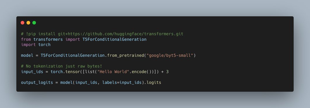 huggingface's tweet image. 🚀 And merged to Transformers! 

We are excited to welcome ByT5 as the first tokenizer-free model!

👉All available checkpoints can be accessed on the 🤗hub here: huggingface.co/models?filter=…

👇 Demo (on master):