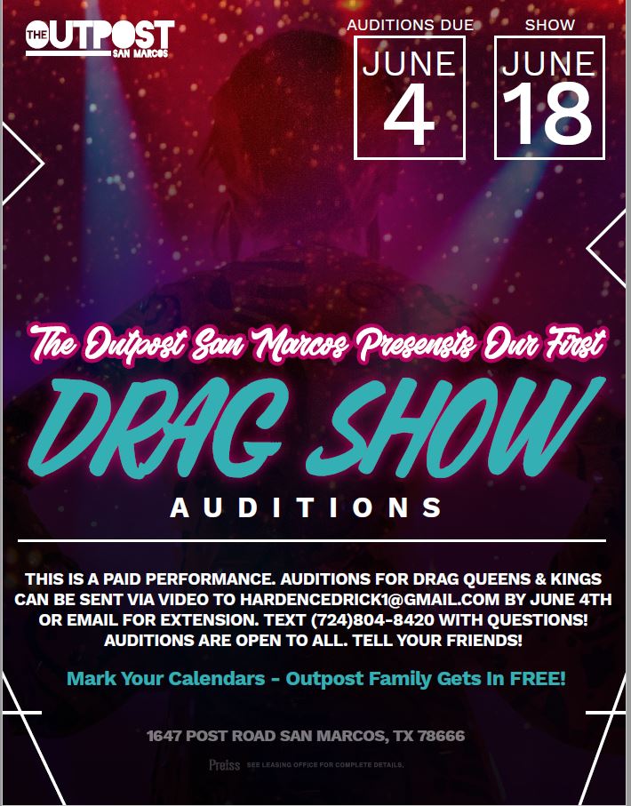 OutpostSM's tweet image. Happy Pride, Outpost Fam! If you want to perform in a paid performance Drag Show, you're gonna wanna check out this flyer!