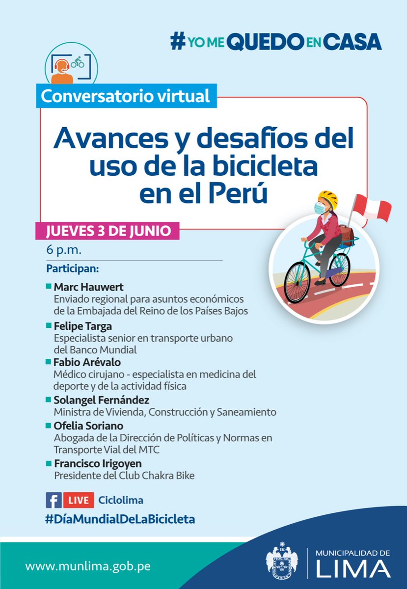 ¡Atención, ciclista! Este jueves te invitamos al conversatorio virtual "Avances y desafíos del uso de la bicicleta en el Perú", como parte del #DíaMundialDeLaBicicleta. Te esperamos.
Descárgate la programación aquí: bit.ly/3g0nD8K