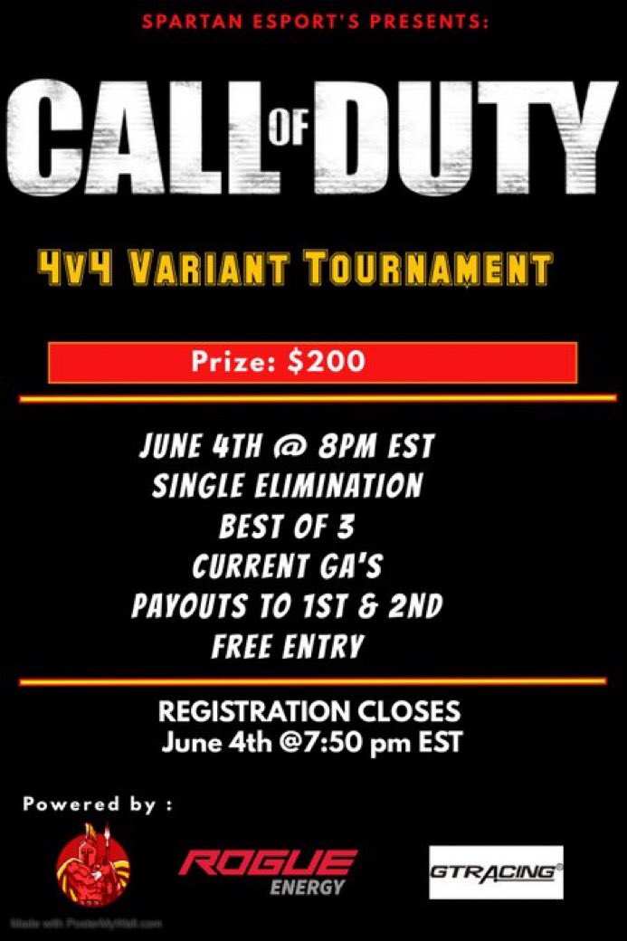 SpartanCodEvent's tweet image. 🚨 Spartan esports FE 4v4 Variant 🚨

🗓 June, 4th@ 8pm EST
FREE ENTRY💯💯💯💯
Final matches casted

🎮 Single Elimination Best of 3
💵 Prize:$200, payouts  to 1st and 2nd
📩 DM to Signup

@SGH_RTs @ScrimFinder @CODFinder @CoDFAs @CoDFreeAgentss @CodRTsandTourny @GBs8sScrims
