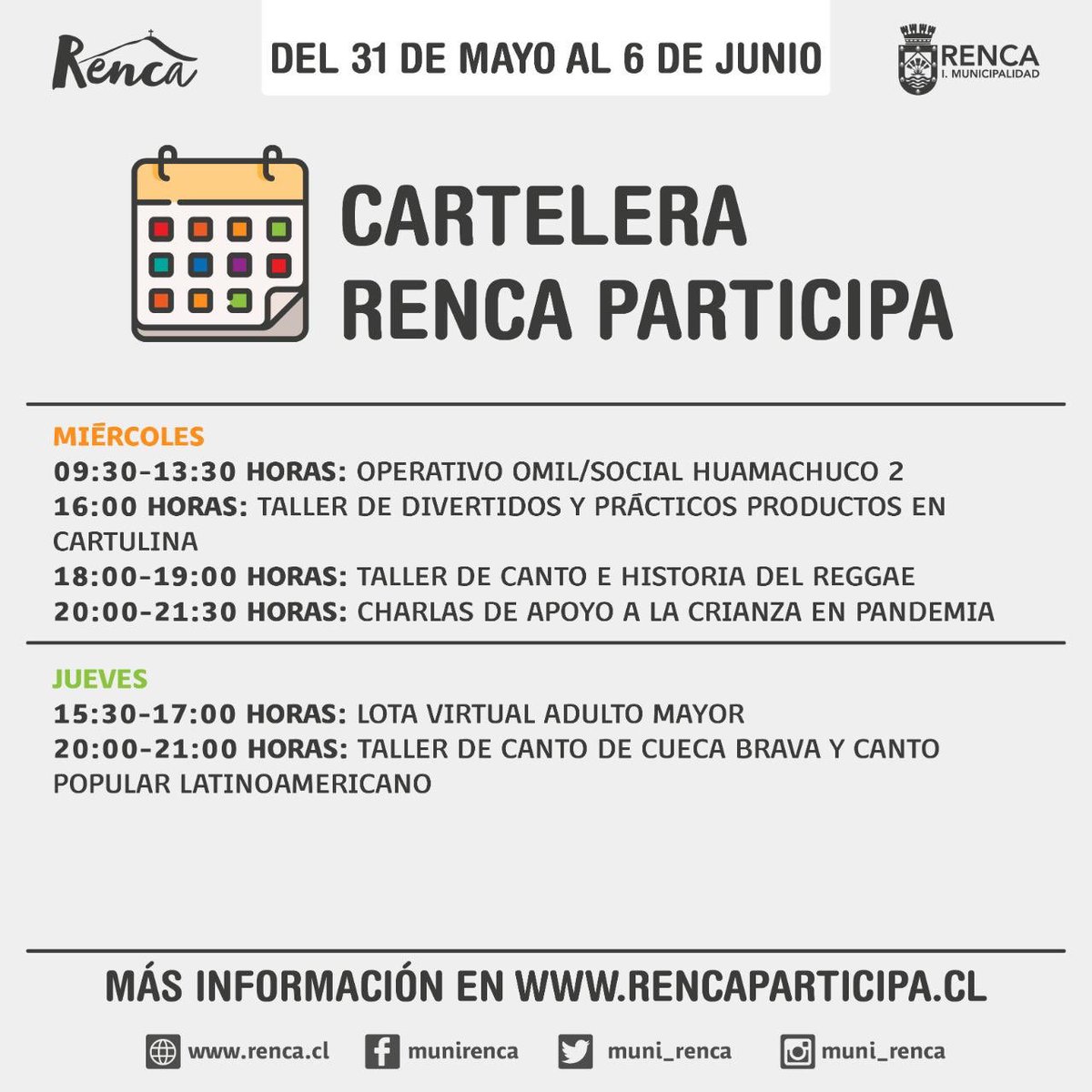 ¡No te pierdas la programación que hemos preparado esta semana para ti! Más información en rencaparticipa.cl <a href="/Muni_Renca/">Municipalidad Renca</a> <a href="/cn_castro/">Claudio Castro Salas</a>