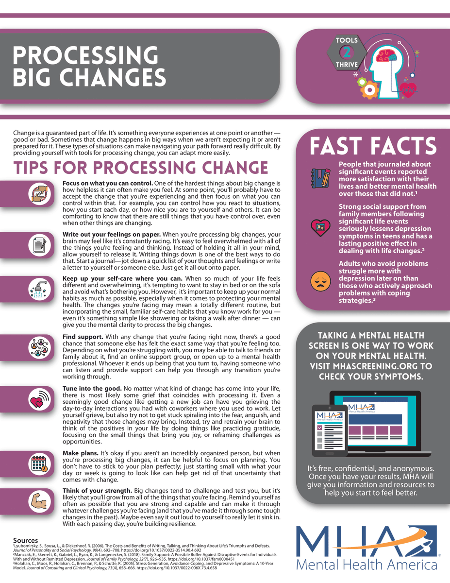 PVCMHMR's tweet photo. As we begin to move towards "pre-COVID normalcy," this big change can cause anxiety and stress. If you need help processing these emotions, check out this fact sheet below! #TexansRecoveringTogether #MentalHealthMatters #processingbigchanges https://t.co/EOl8ZKOydt