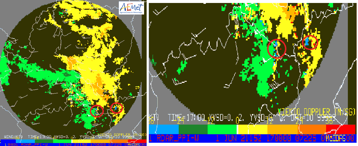 AEMET_Aragon's tweet image. Esta⛈️#BajoAragón dejó señales muy significativas en radar 2D y Doppler, posible formación de 
 #BowEcho, vientos fuertes contrapuestos e intento de formar mesociclón. Img PPIWD viento Doppler de las 19 h. El viento medio en una columna de 3 Km superaba 50 Kt en una línea extensa