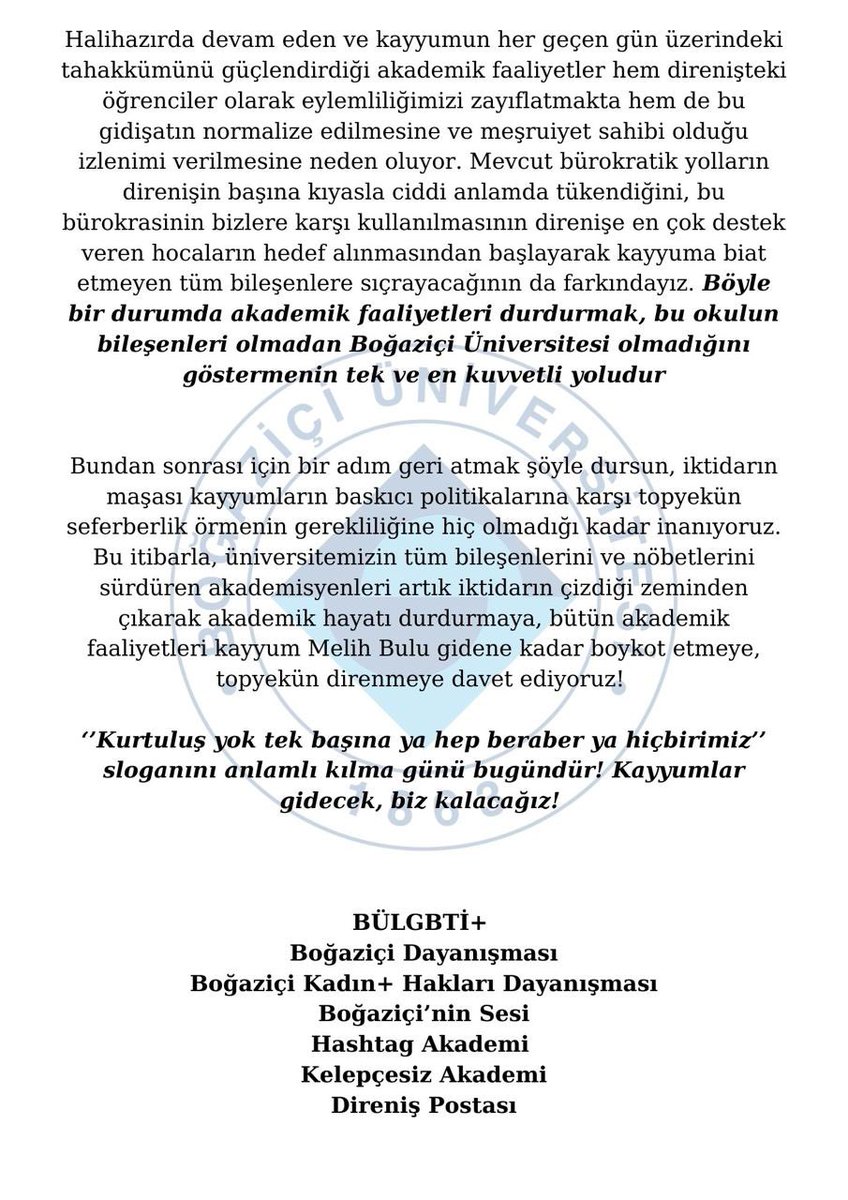 bounmeclis's tweet photo. KABUL ETMEYEN VE VAZGEÇMEYEN HERKESE #AkademikHayatıDurdur
#KayyumaKarşıDirenişe https://t.co/Dwo6bbkIPW