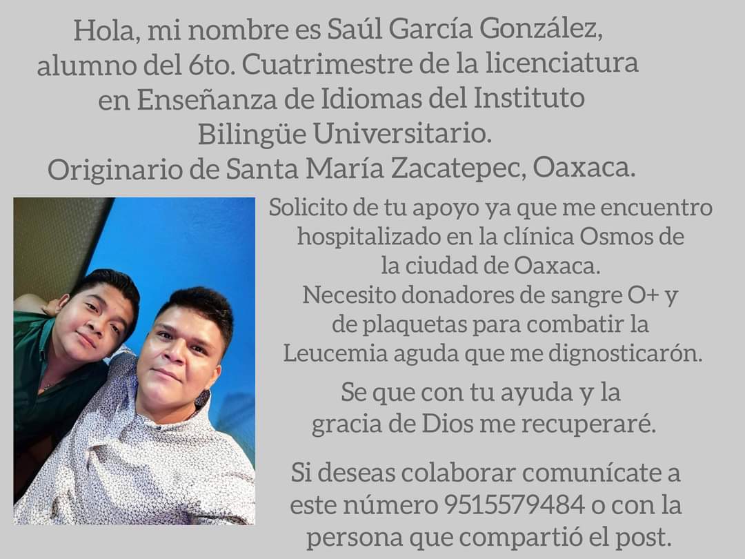 PauGarzn's tweet photo. Hola estamos buscando donadores para nuestro amigo saúl, fue diagnosticado con leucemia y necesita donadores orh+. @erikrod37 @pelongarzon  Me apoyan con un RT 🙌🙌 https://t.co/4aiP9nS0J6