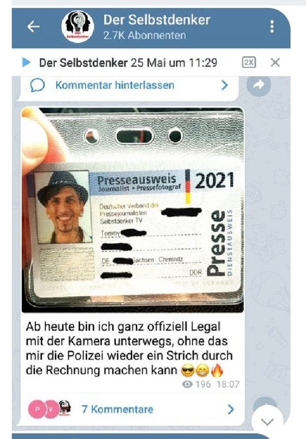 Und das übrigens kommt raus, wenn #Corona-Schwurbler auf dubiose #Presseausweis-Verkaufsklitschen stoßen. Da kriege ich Plaque. Wie das bundeseinheitliche Original aussieht: presseausweis.org. Dessen Vergabe wird streng überprüft, auch von uns im <a href="/DJVSachsen/">DJV in Sachsen (Auch: @DJVSachsen@dresden.network)</a>.