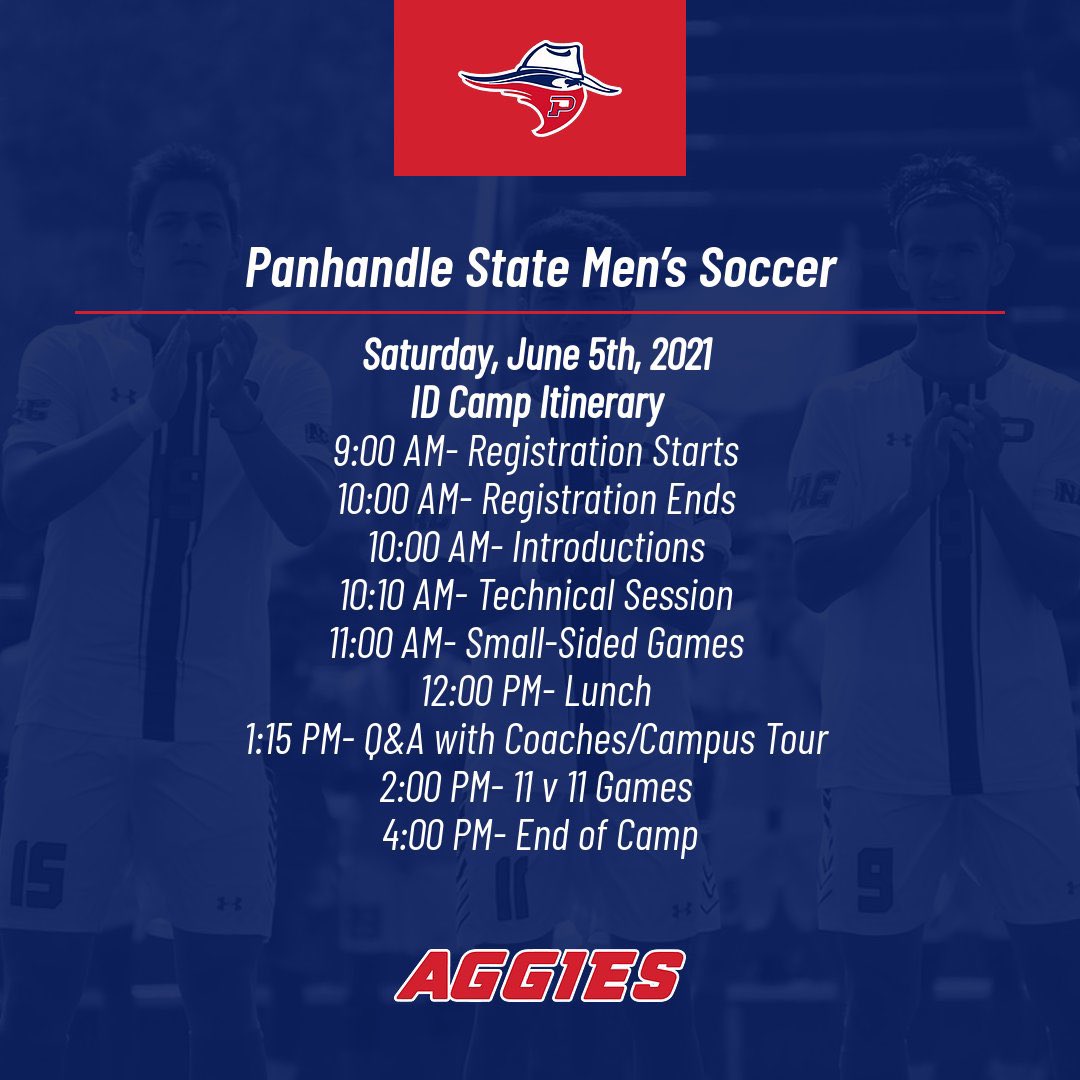 Panhandle State Men’s Soccer
ID Camp
Saturday, June 5th
Free for all ‘21 ‘22 HS Seniors &amp; JC transfers.
🔗 in bio.
#PanhandleStateSoccer #OPSUsoccer #SophomoreCampaign #ACHIEVE #4for40  #BrickByBrick #AGGIES #OPSU #PanhandleState #OPSUathletics #OPSUaggies #WeArePanhandle