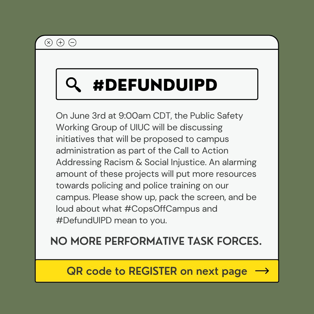 defunduipd's tweet photo. Join us on June 3rd at 9:00am CDT to demand that the Public Safety Working Group stop proposing initiatives that promote more policing and police training on our campus! NO MORE PERFORMATIVE TASK FORCES. NO MORE POLICE. #CopsOffCampus #DefundUIPD 🚔🚫🔥
Registration link in 🧵. https://t.co/un5WcsHLUJ
