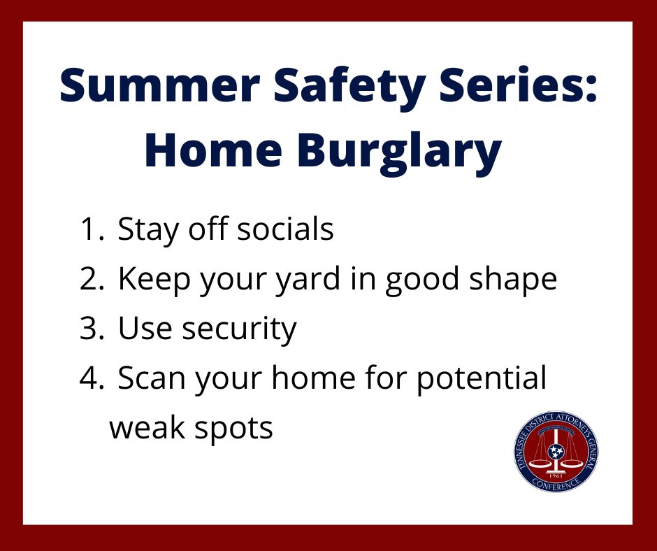 TNDAGC's tweet photo. Summer = Vacation Season

The warmer months not only see a rise in temperature, but also more burglary cases than any other time of the year. That's why we're kicking off our Summer Safety Series with tips to help keep your home safe while traveling. Let's keep summer fun! https://t.co/KlrKduUP7Y