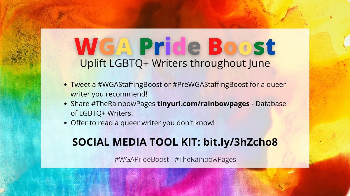 WriteInclusion's tweet photo. The @WGAWest LGBTQ+ Writers Committee is celebrating queer writers in June! We're calling on our fellow writers to help uplift our voices &amp; stories by joining us in our #WGAPrideBoost. 

Please RT, tweet, and share about our campaign during Pride. Let's do this! #TheRainbowPages https://t.co/VT4IPzHqdk