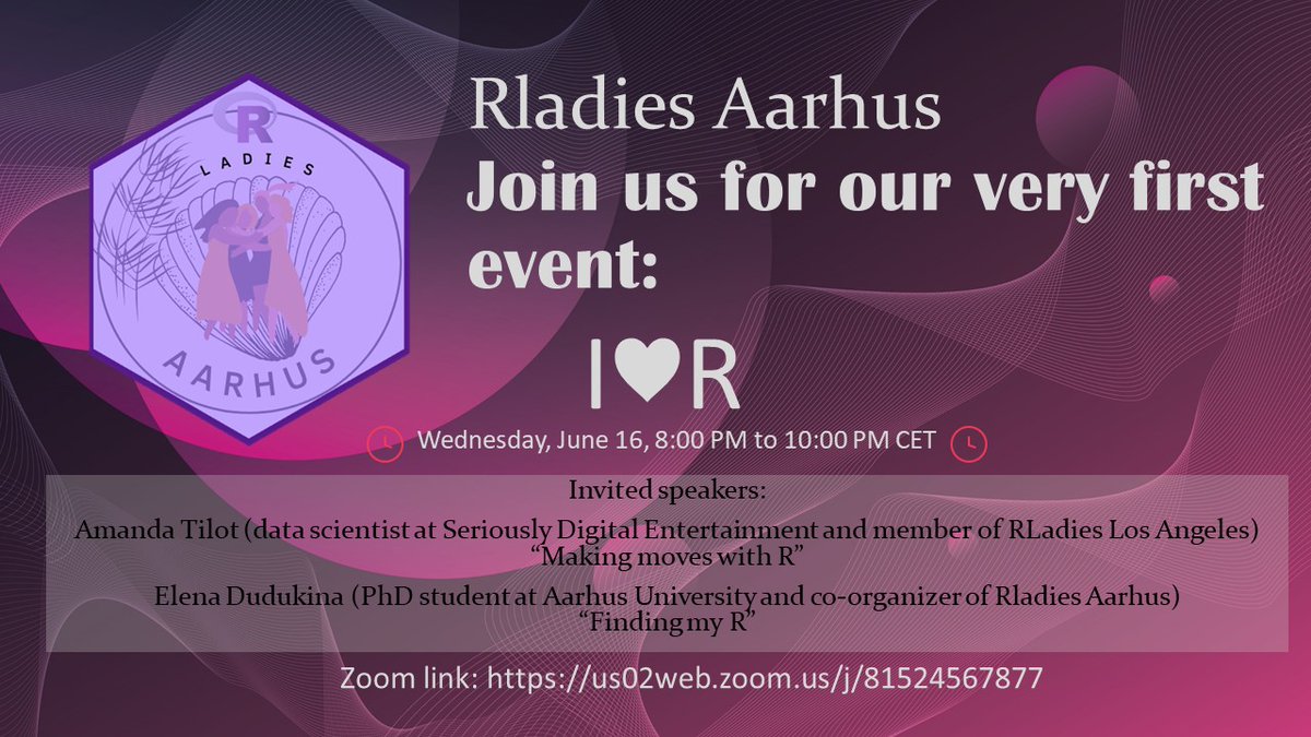 RLadiesAarhus's tweet image. Join us for our first event at @RLadiesAarhus: I♥R, 16th June - 20-22h (Zoom). With 2 amazing speakers: @aktilot and @evpatora. Spread the news! #helloworld #rladies #firstevent #aarhus #LadiesCode #WomenInSTEM