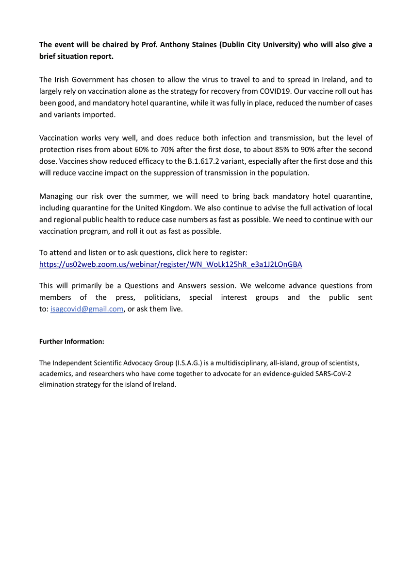 Vaccination &amp; B.1.617.2:
Where is Ireland going? - Learning from England 

Join us for <a href="/ISAGCOVID19/">Independent Scientific Advocacy Group (ISAG)</a> public meeting &amp; press conference – 12pm, Wed, 2nd June

Live discussion with <a href="/chrischirp/">Prof. Christina Pagel - @chrischirp.bsky.social</a> of <a href="/IndependentSage/">Independent SAGE</a> 
 &amp; <a href="/astaines/">Anthony Staines</a> - questions welcome

Register: 
us02web.zoom.us/webinar/regist…