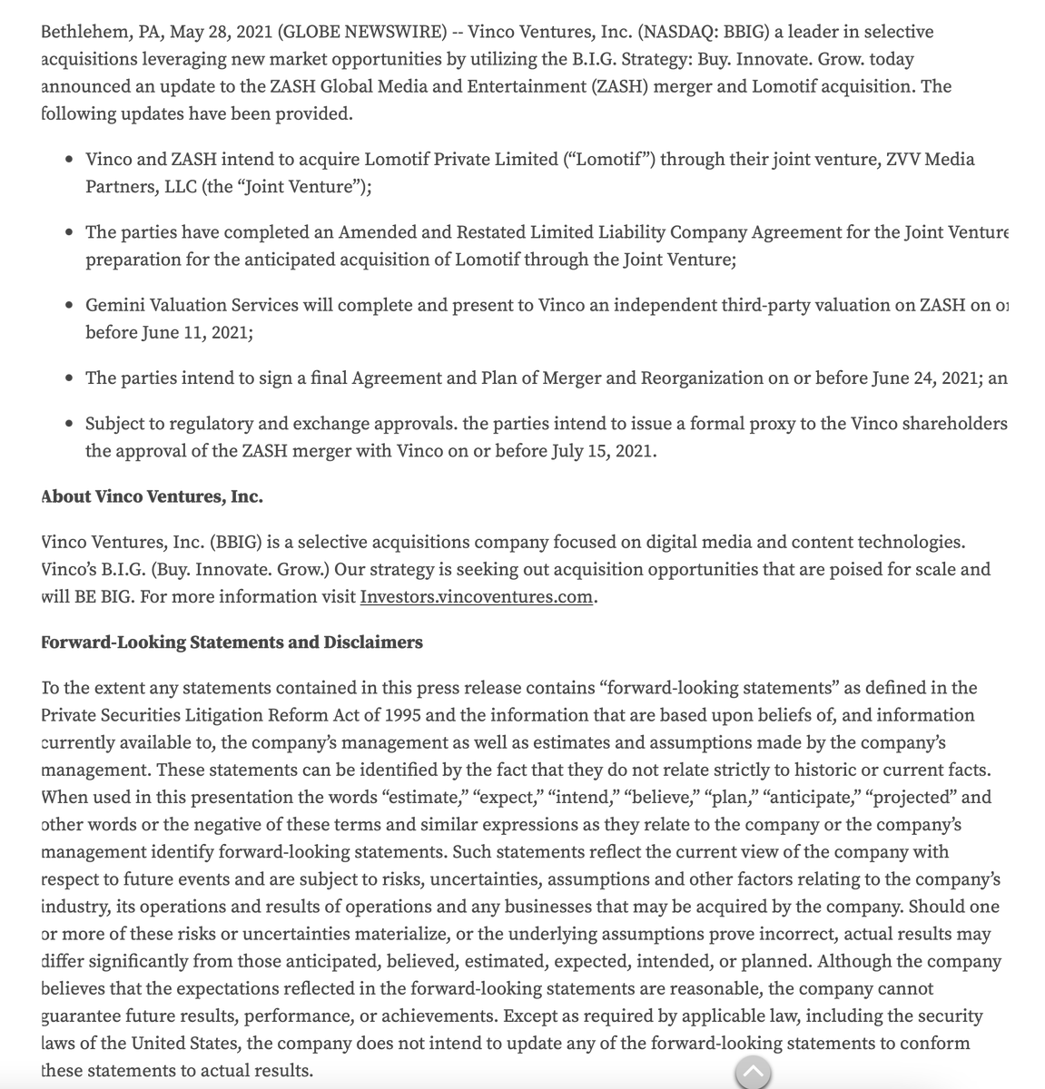 BBIGNASDAQ's tweet photo. Vinco Ventures, Inc. Announces Update on Lomotif and ZASH Global Media and Entertainment https://t.co/7HlWUPSuXE
#wsj #nytimes #business #reuters #IHub_StockPosts #forbes #marketwatch #cnn #bet #foxnews #latimes #Nasdaq #usatoday #Benzinga #cnnmoneyinvest #ESPN #WGN #Investors https://t.co/bTLfI6EcDX