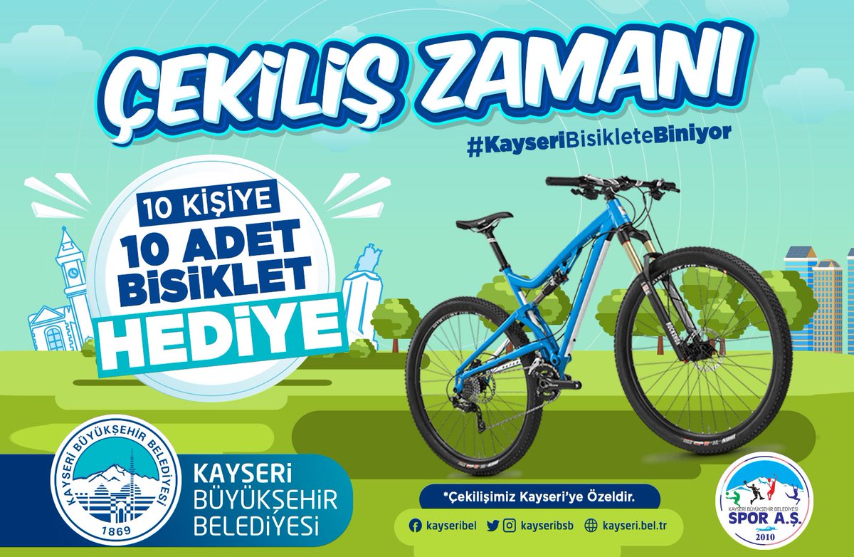 Hazır mıyız Kayseri? 📣

3 Haziran #DünyaBisikletGünü’nde 10 kişiye 10 Bisiklet veriyoruz🚲

🔹Gönderiyi Beğen❤️
🔹Gönderiyi Retweetle🔁
🔹#KayseriBisikleteBiniyor etiketi ile 3 arkadaşını mentionla✅
🔹<a href="/KayseriBSB/">Kayseri Büyükşehir Belediyesi</a> ‘yi takip et😎

Sonuçları 3 Haziran saat 21.00’de açıklıyoruz.