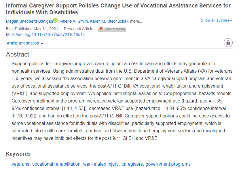 Published just yesterday, MCRR's newest article is: 'Informal Caregiver Support Policies Change Use of Vocational Assistance Services for Individuals With Disabilities'! Read it now at journals.sagepub.com/doi/full/10.11…!