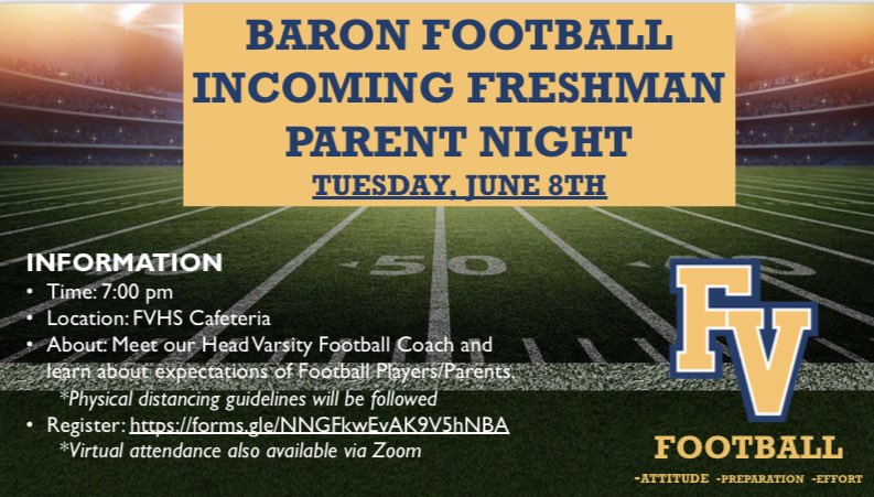 ATTENTION: Incoming Freshman Football Players &amp; Parents!!! We will have a Mandatory Incoming Freshman Parent Meeting on Tuesday, June 8th at 7:00 pm. If you would like to attend please fill out the Google Form linked in our Bio <a href="/PE_Falcons/">Fulton MS PE</a> <a href="/VistaView_MS/">Vista View Middle School</a> <a href="/marine_view/">Marine View Mariners</a>