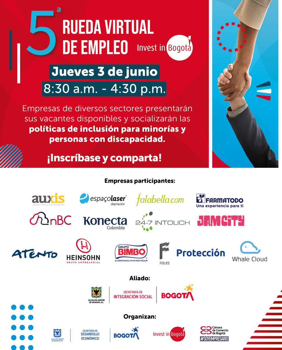 #EmpleoBogotá | ¡El próximo jueves 3 de junio es la 5ª Rueda virtual de empleo de <a href="/investinbogota/">Invest in Bogotá</a>! Diversas empresas presentarán más de 2.700 vacantes de trabajo que tienen disponibles actualmente en #Bogotá. Regístrese ya sin costo en: peewah.co/events/5-rueda…