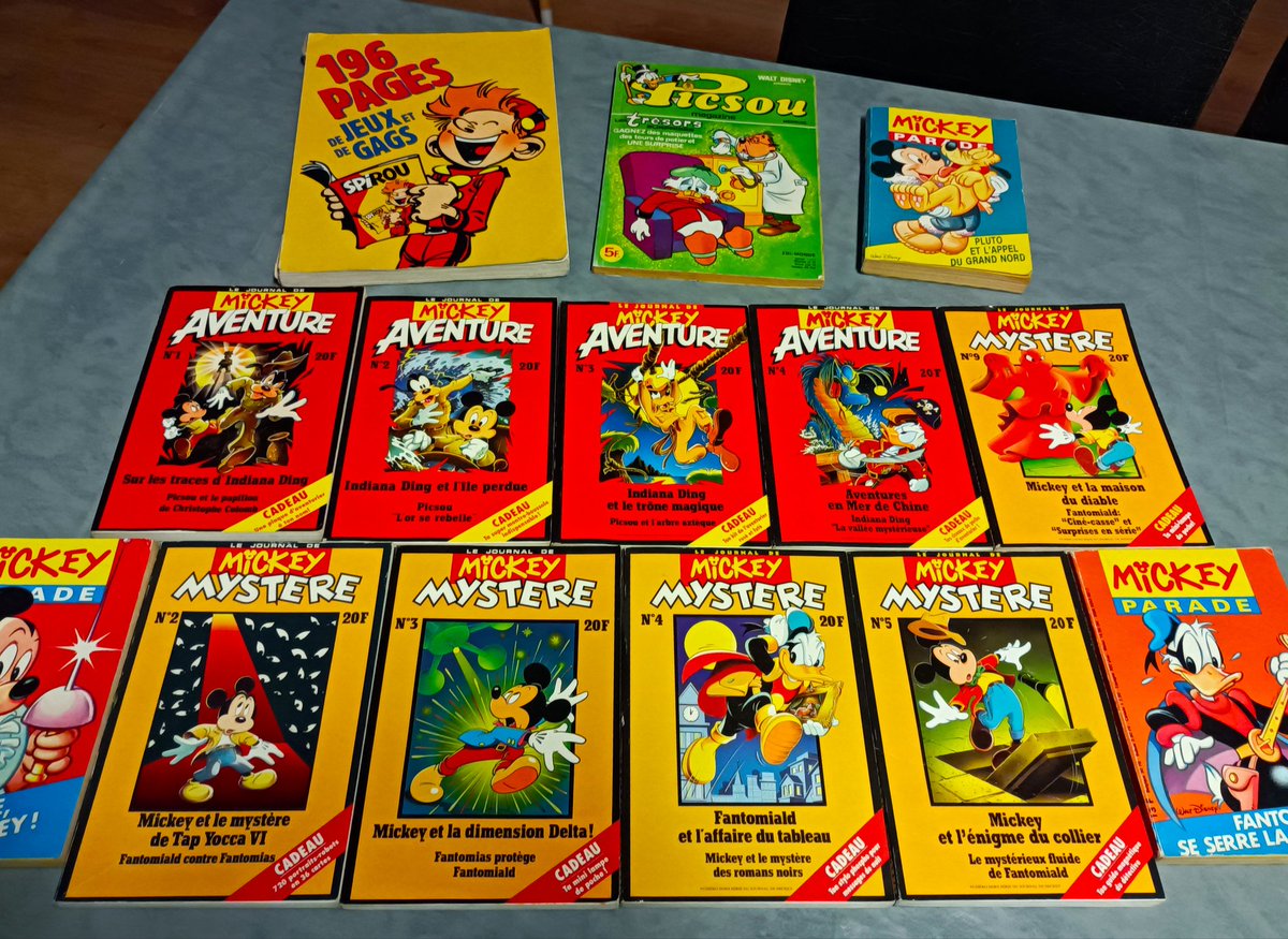 Raouuuuuu's tweet photo. Gros arrivage du jour ! J'vous explique j'ai acheté juste les Mickey Mystère & Aventures pour 3€ et la vendeuse sans me prévenir m'a ajouté le reste Autant vous dire que je suis joie, folie et petites fleurs 🤩🥳🥰 #MickeyAventure #MickeyMystere #MickeyParade #PicsouMag #Spirou https://t.co/nNzEREGfRB