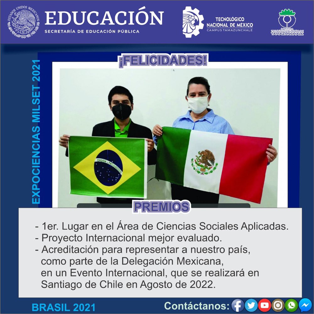 TecNM_MX's tweet image. #OrgulloTecNM
Manuel Torres, estudiante del #TecNM Tamazunchale, y su asesora Francisca Azuara, logran 3 máximas nominaciones en el Evento Internacional Expociencias MILSET Brasil 2021, versión virtual, donde participaron un total de 58 proyectos.