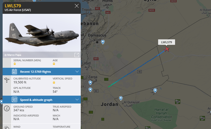 vcdgf555's tweet photo. USAF Combat Search & Rescue (CSAR) HC-130J Combat King II crossing into Iraqi airspace from Muwaffaq Salti Airbase in Jordan.
LWLS79 is reg. 12-5769 #AE54D2 https://t.co/fbsJgzbAzo