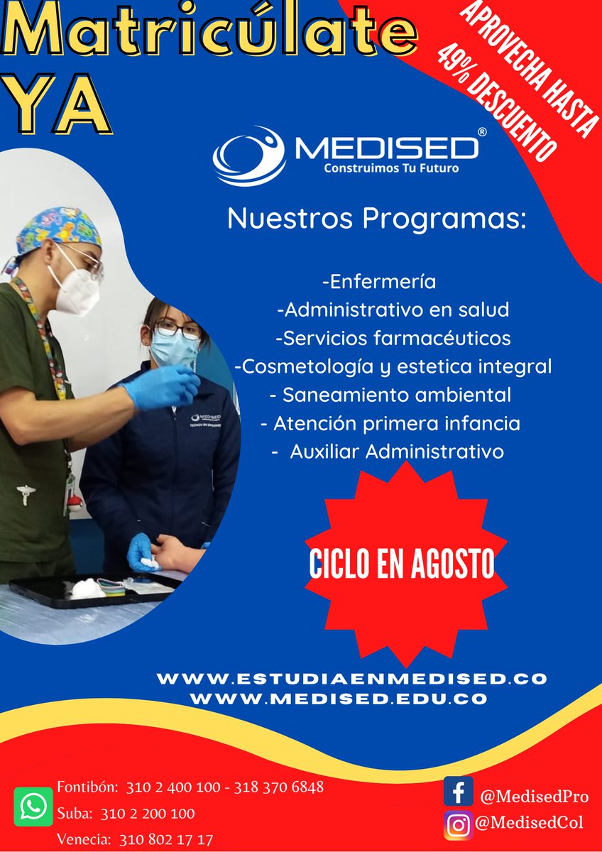 MedisedCol's tweet photo. Aprovecha este y demás benéficos que te ofrece Medised Col, Matricúlate YA!
aprendizaje, aprovecha este y demás beneficios que tenemos para ti.
#Matriculate #LosMejoresEnEducacion #CicloAgosto #Medised #ConstruimosTuFuturo #Educación #GrandesBeneficios #MedisedTeMotiva https://t.co/BHBgRjfSYB